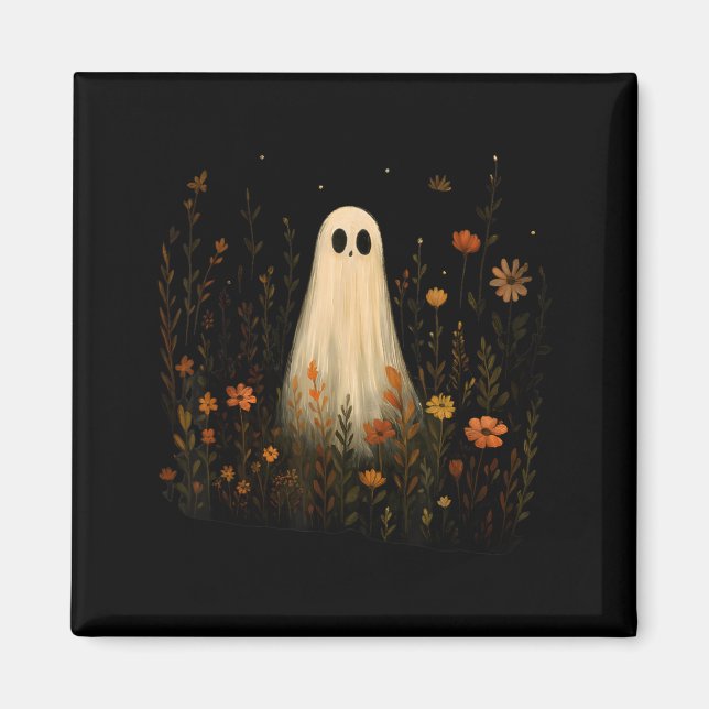 Aimant Fantôme sur un pré fleuri Halloween automne design (Devant)