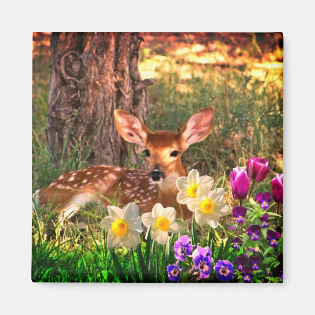 Aimant Faon de cerf avec fleurs printanières jonquilles / (Devant)