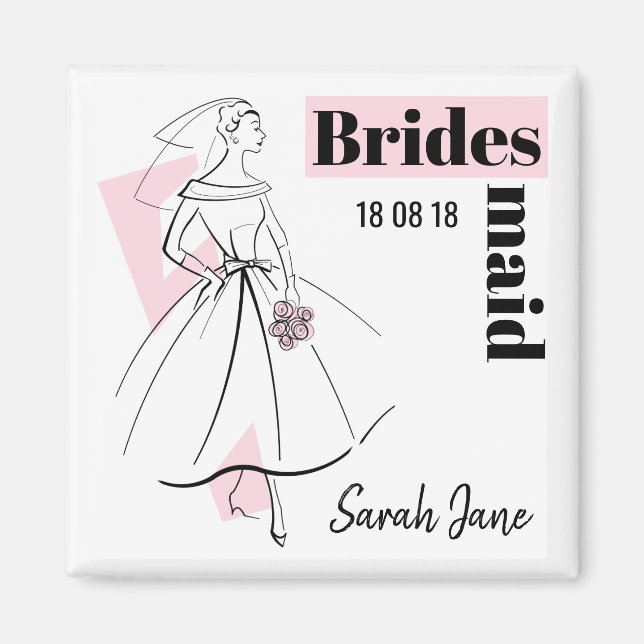 Aimant Fashion Bride Pink Bridesmaid Date Nom carré (Devant)