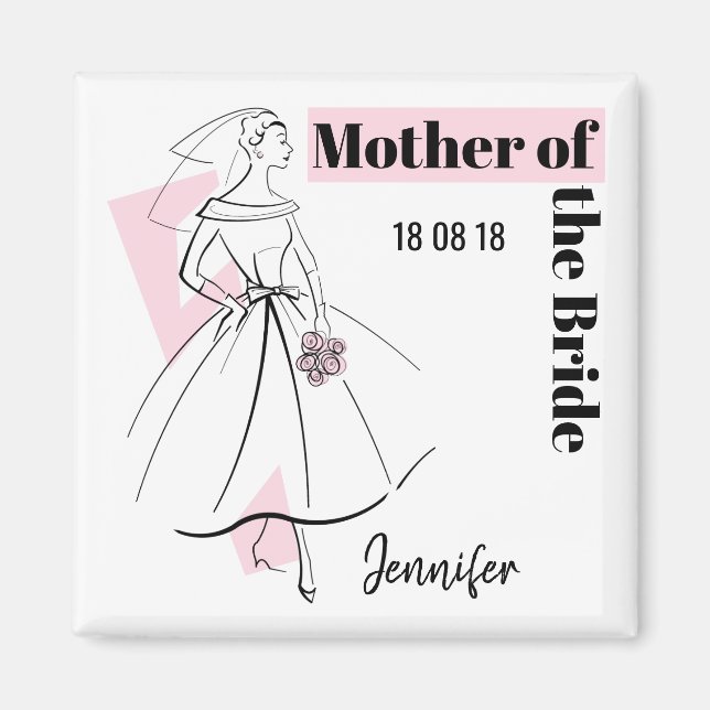 Aimant Fashion Bride Rose Mère Mariée Date Nom carré (Devant)