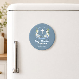 Aimant Faveur de baptême à croix florale blanche bleu pou