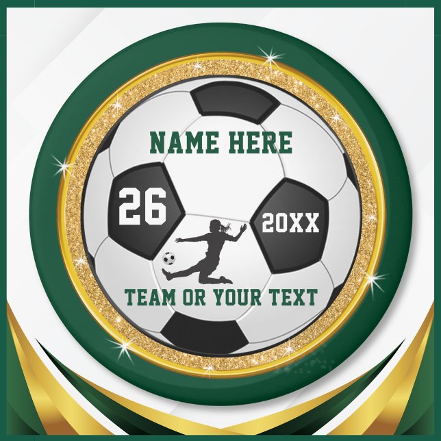 Aimant Faveurs de fête de football pour filles, vert forê (Personalized soccer magnets for girls. Forest green and gold soccer party favors. Cheap soccer gifts)