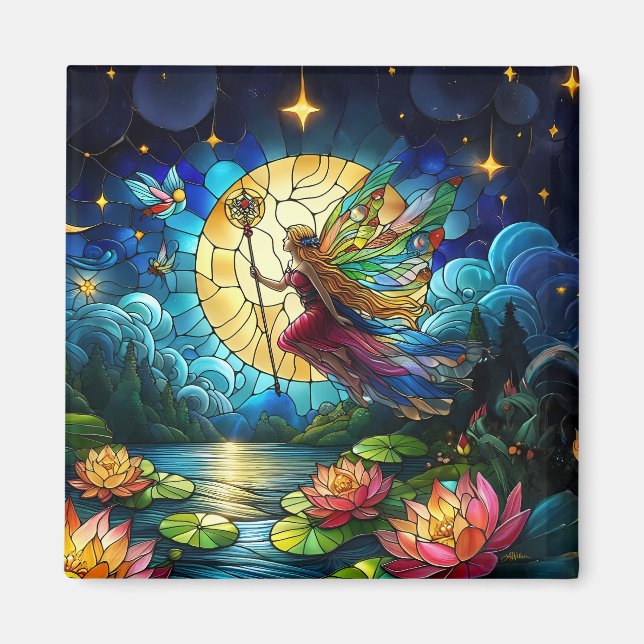 Aimant Fée de vol au clair de lune en vitrail  (Devant)