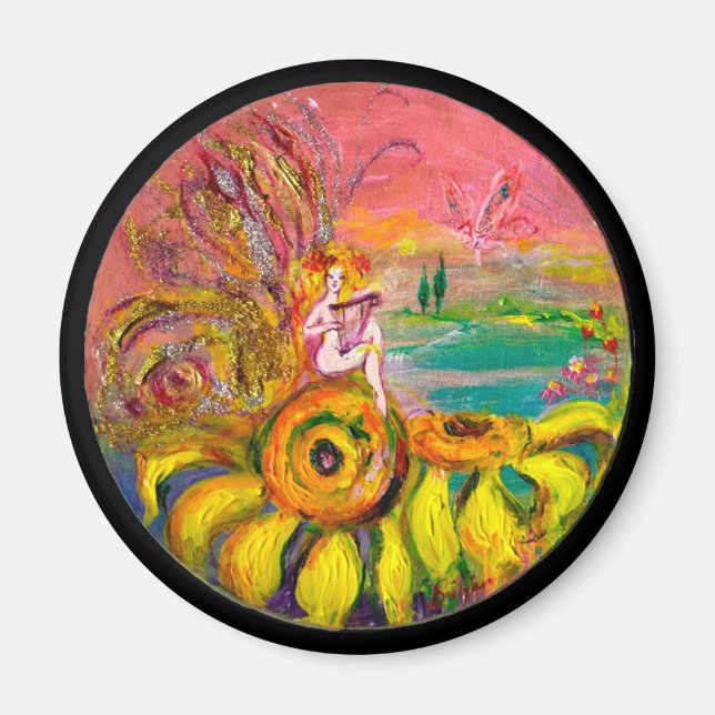 Aimant FÉE DES TOURNE-SOLEIL jaune rose noir (Devant)