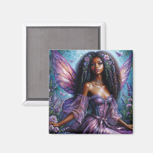 Aimant Fée noire avec ailes et fleurs violettes