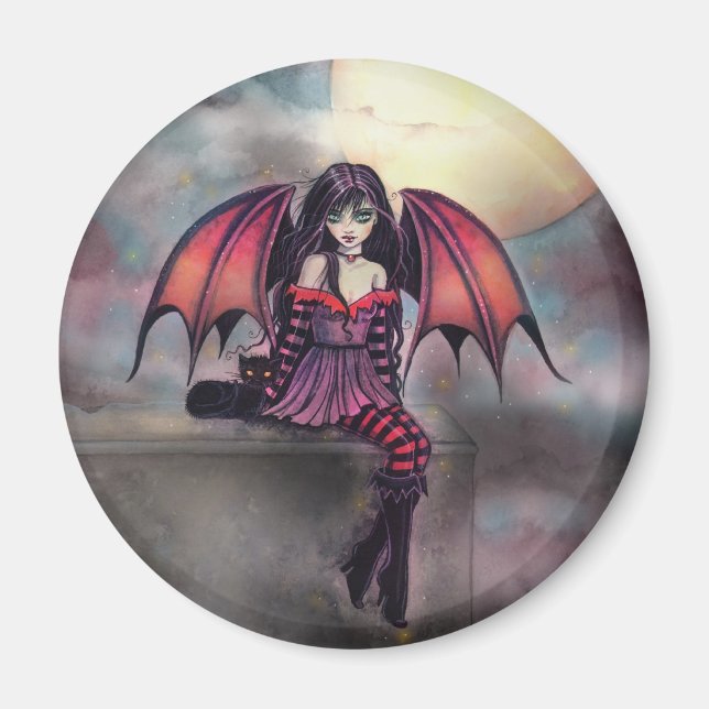 Aimant Fée vampire Victoria avec chat, art d'Halloween (Devant)