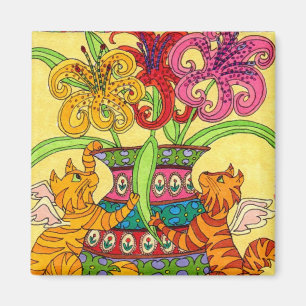 Aimant Fées de chat avec le vase fleuri de lis