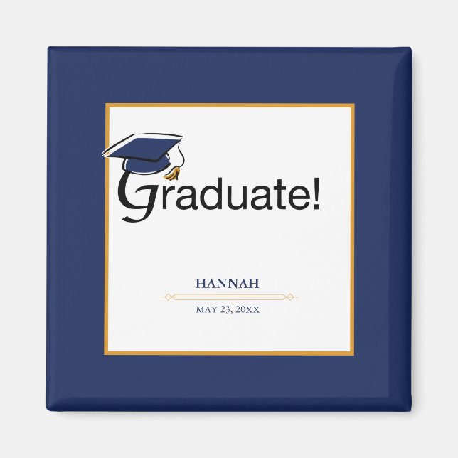 Aimant Félicitations Diplômé, Casquette, Tassel, Bleu, Or (Devant)