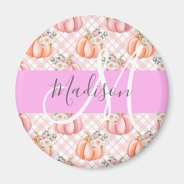 Aimant Féminin Chic Fleur Rose Pêche Citrouille Monogramm (Devant)