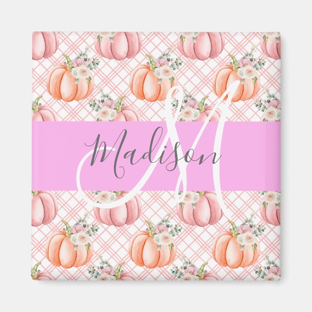 Aimant Féminin Chic Fleur Rose Pêche Citrouille Monogramm (Devant)