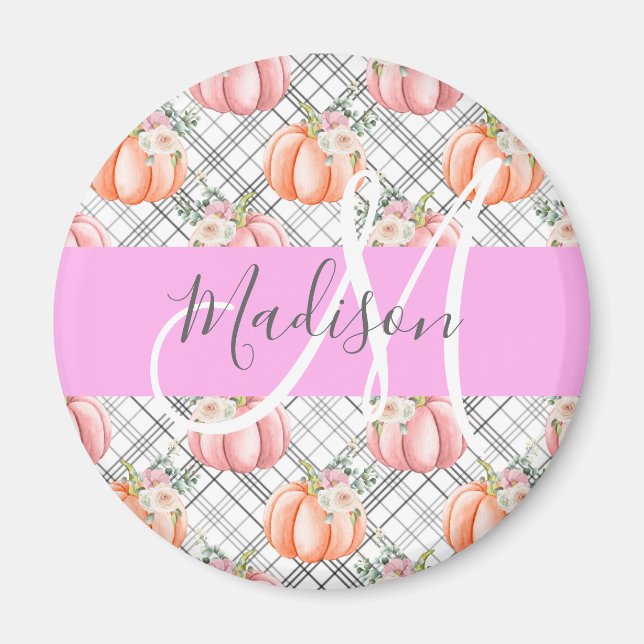 Aimant Féminin Floral Gris Rose Pêche Citrouille Monogram (Devant)