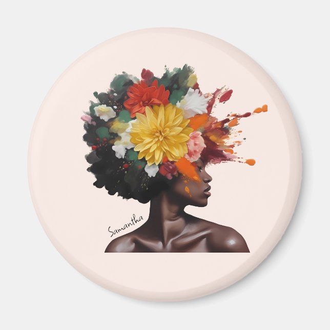 Aimant Femme afro-américaine aux cheveux noirs floraux (2 (Devant)