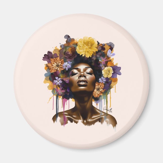 Aimant Femme afro-américaine aux cheveux noirs floraux (3 (Devant)