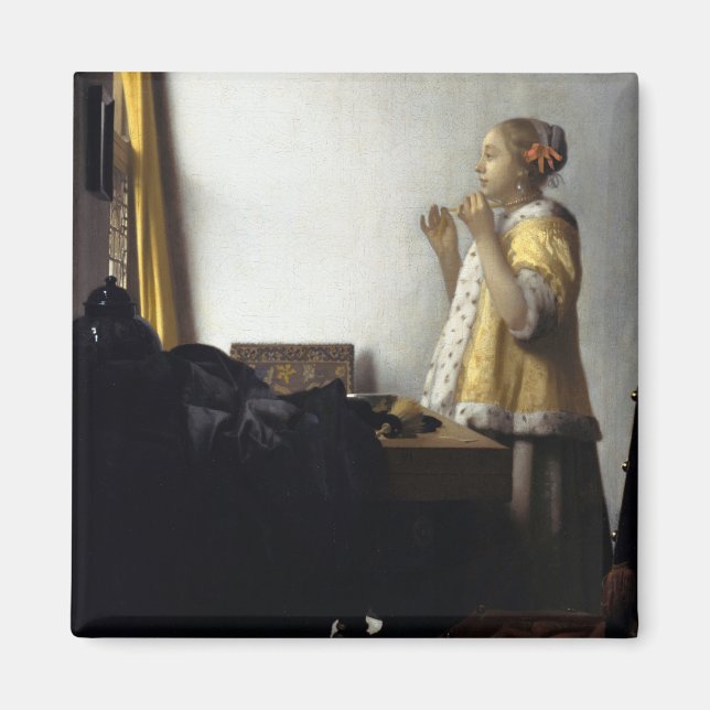 Aimant Femme avec collier de perles par Johannes Vermeer (Devant)