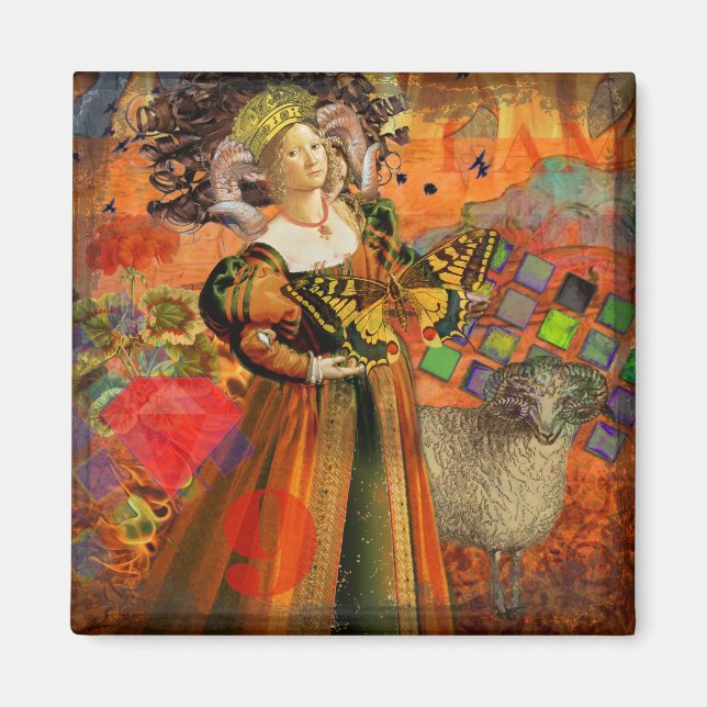 Aimant Femme Bélier Orange : Collage d'art antique gothiq (Devant)