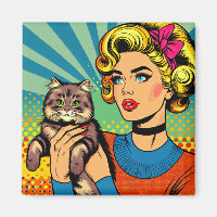 Femme de l'art pop cartoonistique tenant un chat