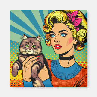 Aimant Femme de l'art pop cartoonistique tenant un chat