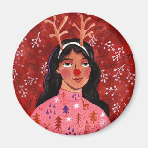 Aimant femme de renne de Noël rouge