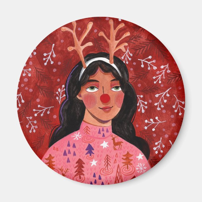 Aimant femme de renne de Noël rouge (Devant)