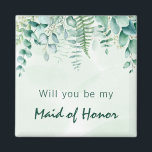 Aimant Femme d'honneur femme d'honneur eucalyptus vert<br><div class="desc">Un arrière - plan vert et blanc couleur eau. Décoré de feuillage de verdure d'eucalyptus et de fougère de bois. Avec le texte : Serez-vous ma demoiselle d'honneur ou ma servante d'honneur ?</div>