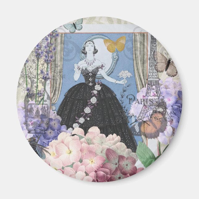 Aimant Femme élégante bleue robe florale fantaisie  (Devant)