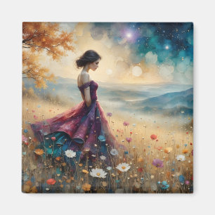 Aimant Femme en robe colorée sur une colline de fleurs
