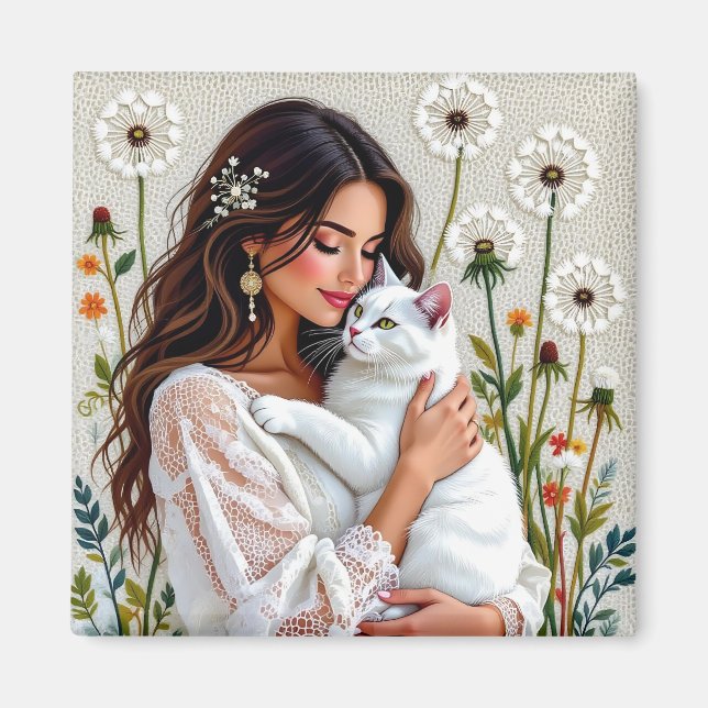Aimant Femme et chat blanc et pissenlits  (Devant)