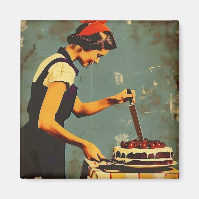 Aimant Femme et gâteau Vintage (Devant)