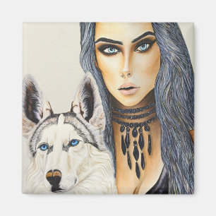 Aimant Femme Glamour Moderne & Chien Loup Husky