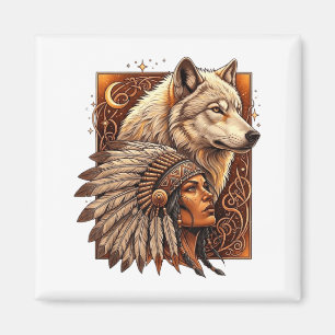 Aimant Femme indienne amérindienne avec loup blanc Vitag