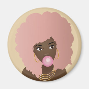 Aimant Femme noire avec Afro rose, Popping Bubblegum rose