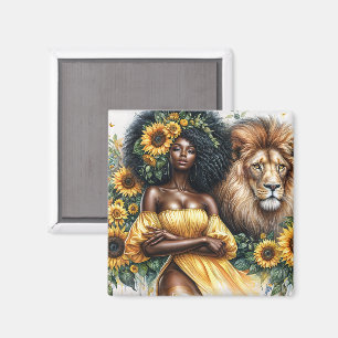Aimant Femme Noire Sunflower avec Lion Leo Art
