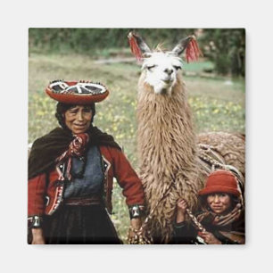 Aimant Femme Quechua avec la photo de deux lamas