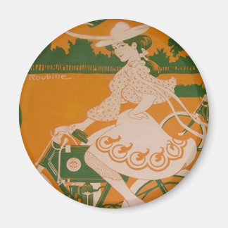 Aimant Femme vintage à vélo avec Cupidon