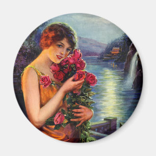 Aimant Femme vintage avec des roses rouges au clair de lu