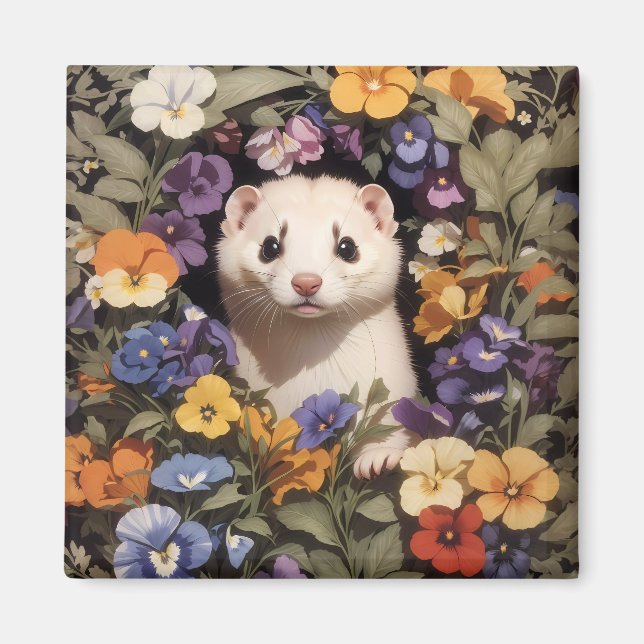 Aimant Ferret Cute Niché Dans Le Jardin De Pansies (Devant)