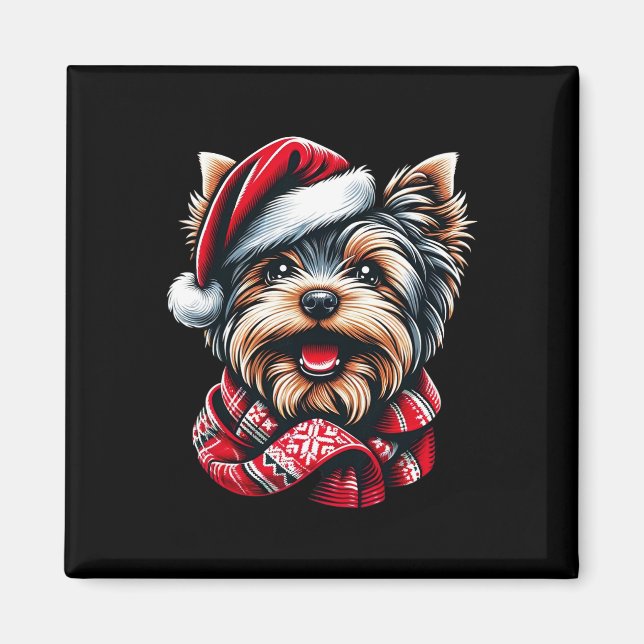 Aimant Festif Yorkshire Terrier À Père Noël Gear (Devant)
