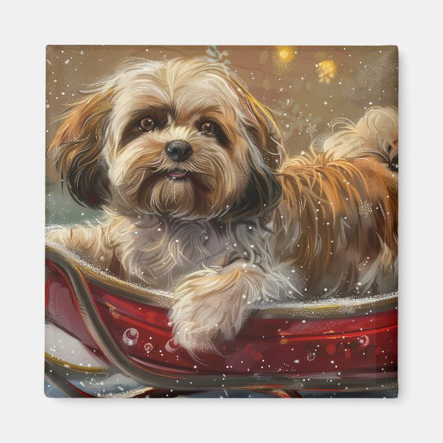 Aimant Festive de Noël de chien Lhasa Apso (Devant)