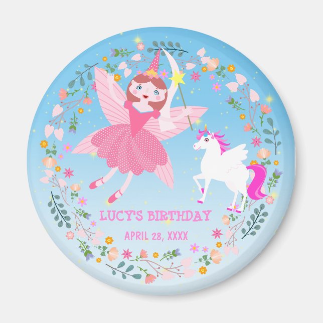 Aimant Fête d'anniversaire de magie de licorne et de fée (Devant)
