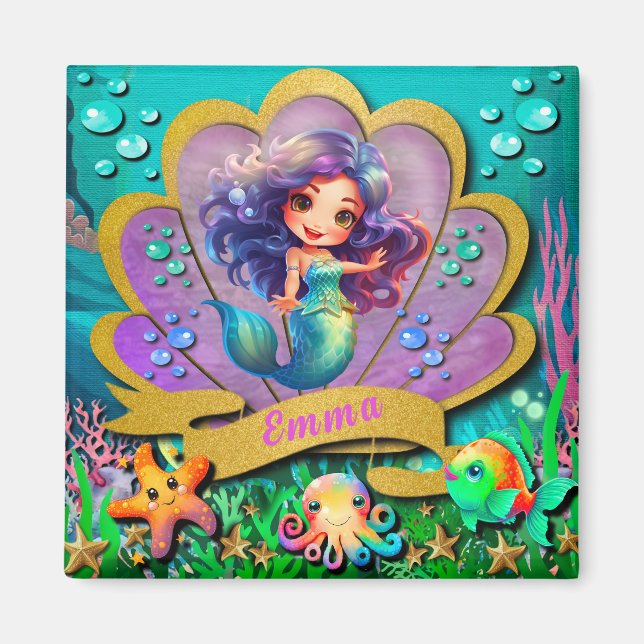 Aimant Fête d'anniversaire sous la mer et fille sirène (Devant)