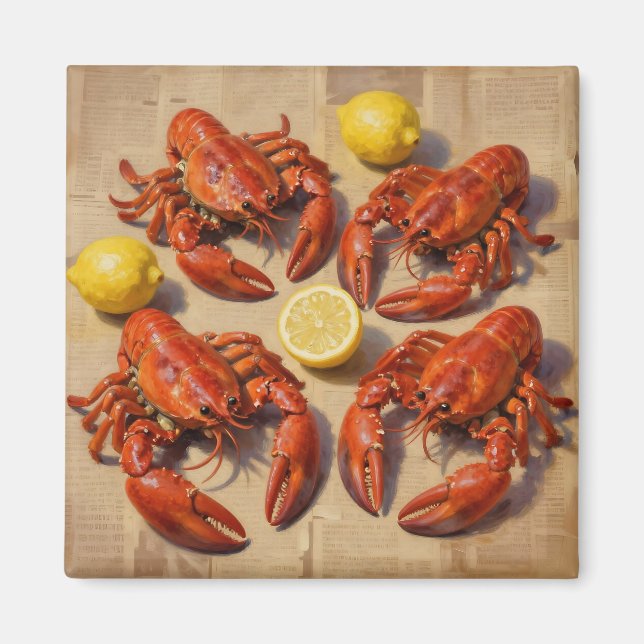Aimant Fête de homard frais bouilli au citron sur journal (Devant)