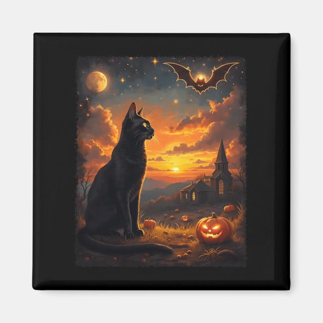 Aimant Fête de la scène gothique de chat noir Halloween (Devant)