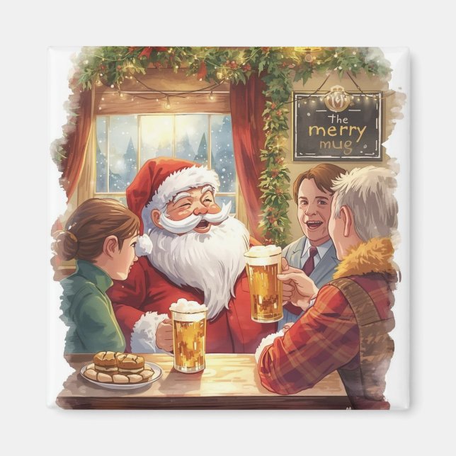 Aimant Fête de Noël britannique : le Père Noël au pub (Devant)