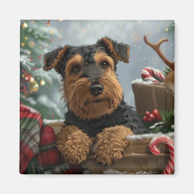 Aimant Fête de Noël du chien Airedale (Devant)
