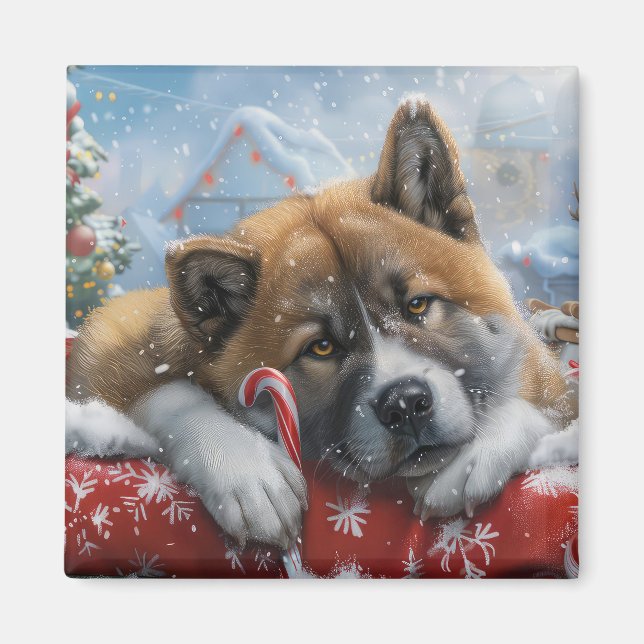 Aimant Fête de Noël du chien Akita (Devant)