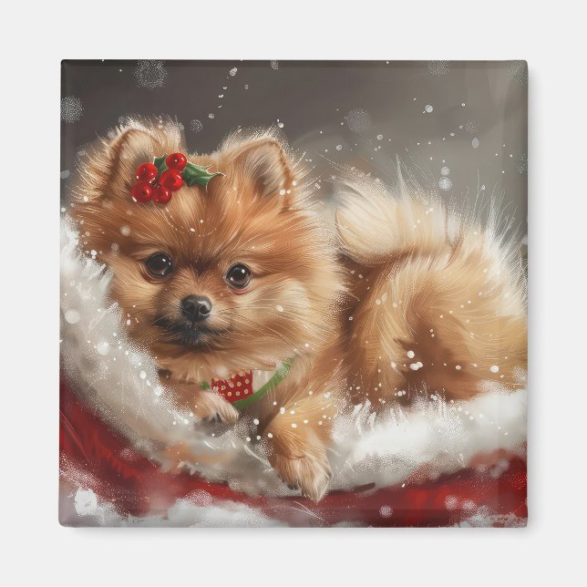 Aimant Fête de Noël du chien Poméranien (Devant)