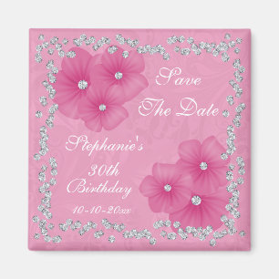 Aimant Fête des 30 ans Damassé Rose & Fleurs