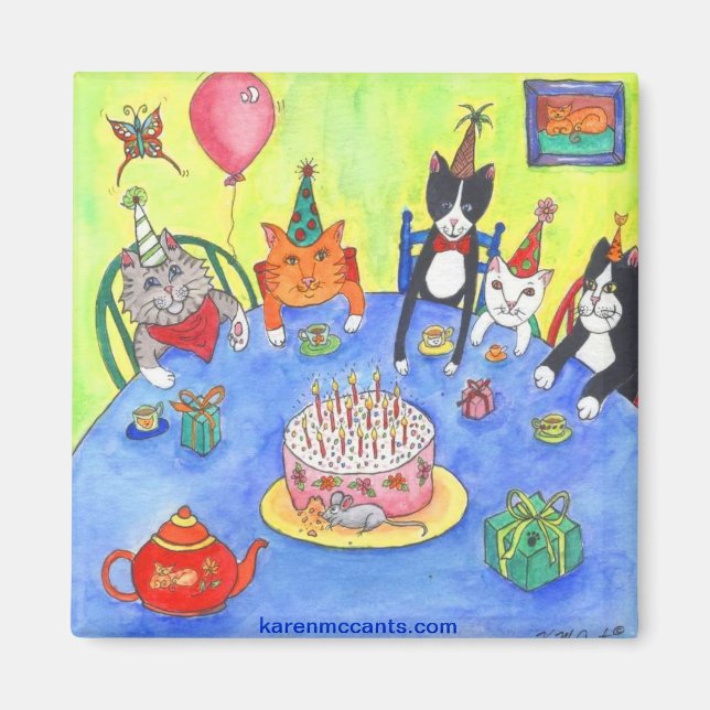 Aimant Fête des chats ! Chats-chats d'anniversaire amusan (Devant)