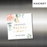 Aimant Fête des mariées rose or floral eucalyptus faveur<br><div class="desc">Un arrière - plan blanc chic. Décoré d'or rose, de fleurs roses rousses, de fleurs (rose) et de feuilles d'eucalyptus vert aquarellés, de sprigs, de verdure et d'une fausse feuille d'or. Personnalisez et ajoutez le nom de la mariée à être et une date. Lettres noires et dorées. Parfait pour garder,...</div>