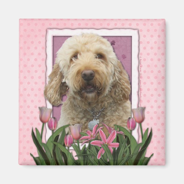 Aimant Fête des mères - Tulipes roses - Goldendoodle (Devant)